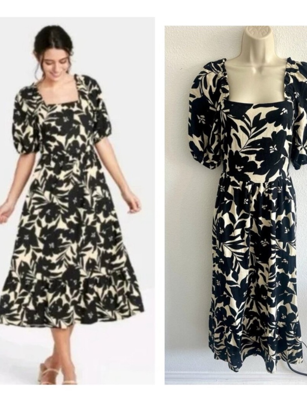 Who What Wear Black & Cream Floral Square-Neck Midi Dress with Puff Sleeves